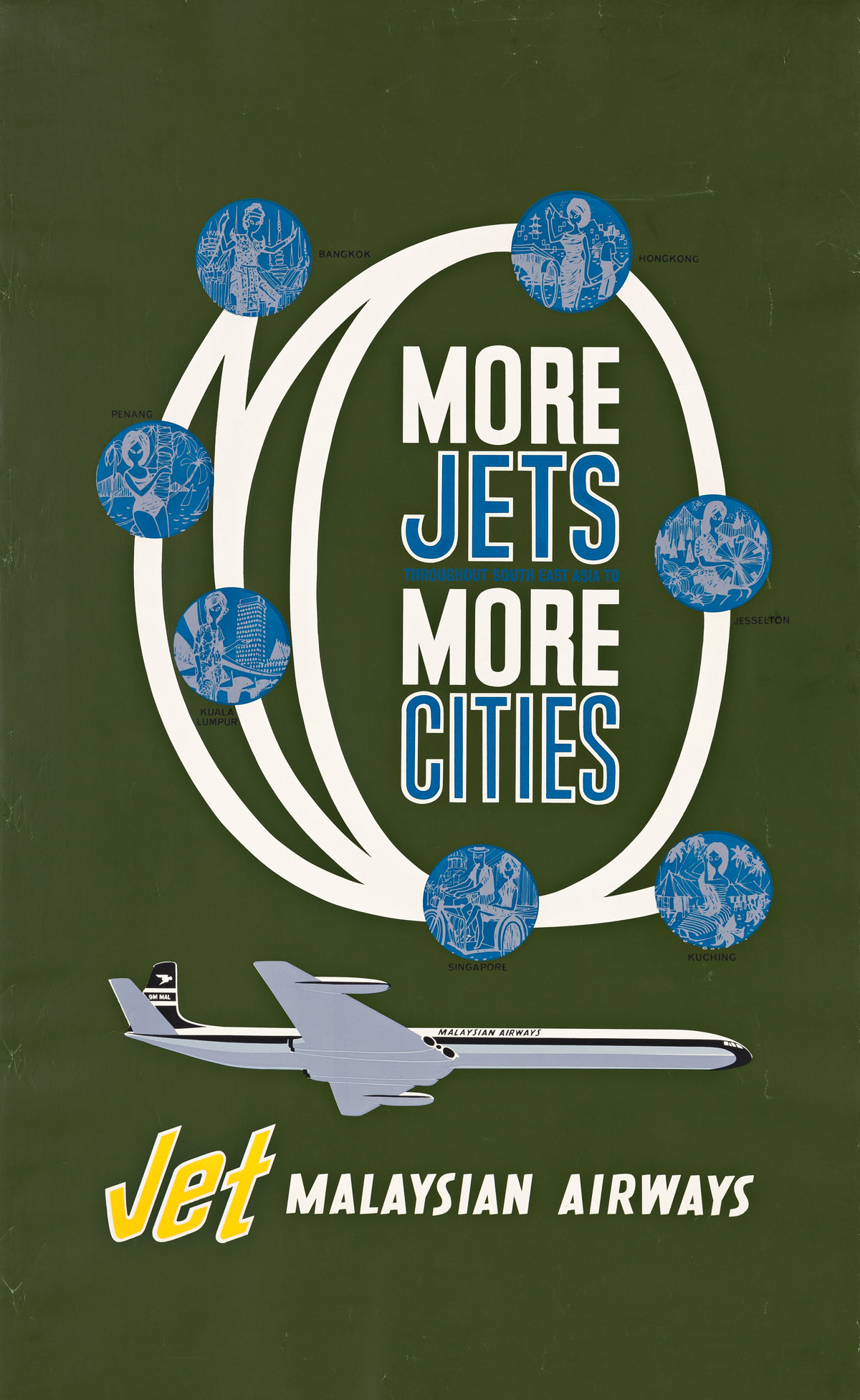 DESIGNER UNKNOWN.  MORE JETS MORE CITIES / JET MALAYSIAN AIRWAYS. Circa 1965. 38½x24¾ inches, 97¾x62¾ cm.